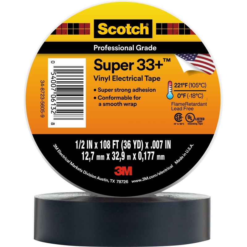 Scotch Vinyl Electrical Tape 33, 1/2 in x 36 yd, Black