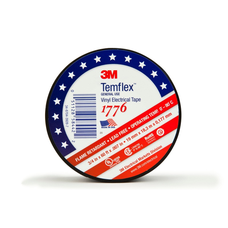 3M Temflex Vinyl Electrical Tape 1776, 3/4 in x 60 ft, 1-1/2 in Core,Black
