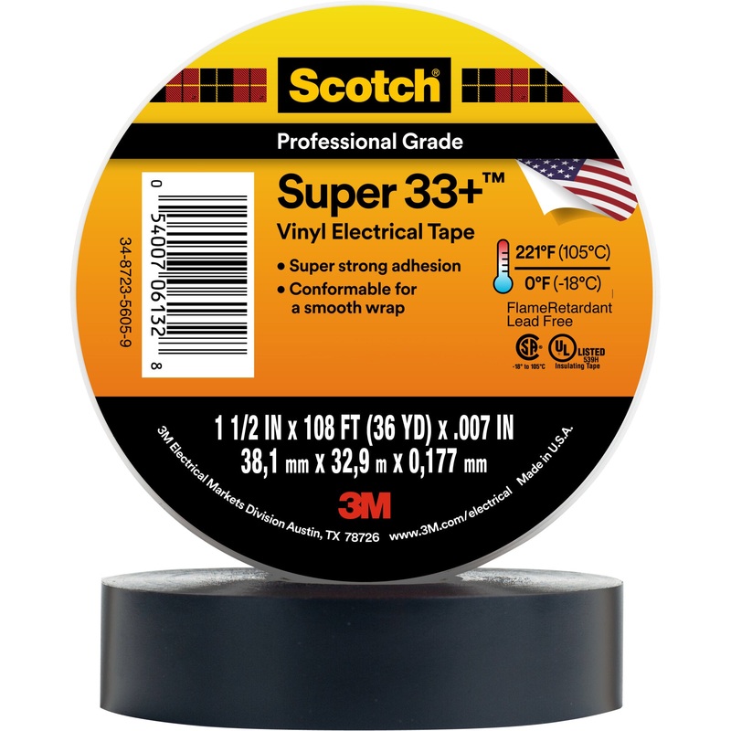 Scotch Super 33+ Vinyl Electrical Tape, 1-1/2 in x 36 yd, 1-1/2 inCore, Black