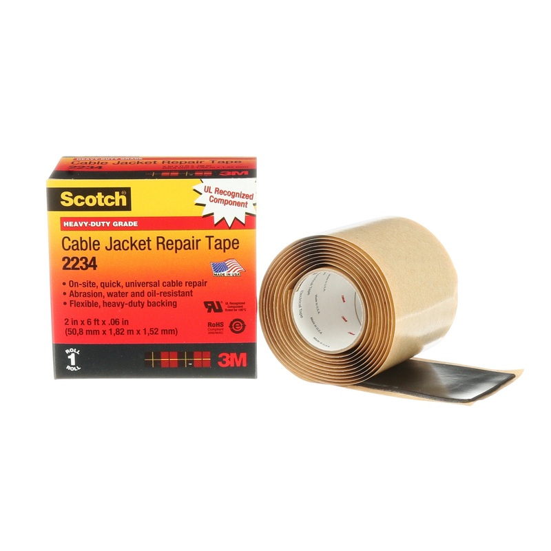 Scotch Cable Jacket Repair Tape 2234, 2 in x 6 ft, Black, 1roll/carton