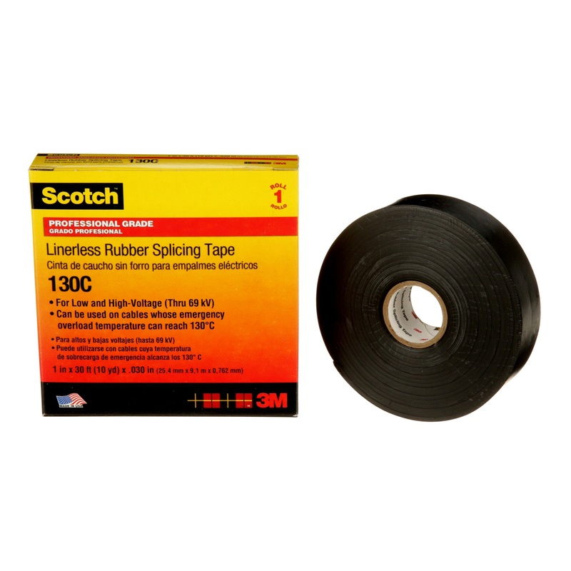 Scotch Linerless Rubber Splicing Tape 130C, 1 in x 30 ft, Black, 1roll/carton